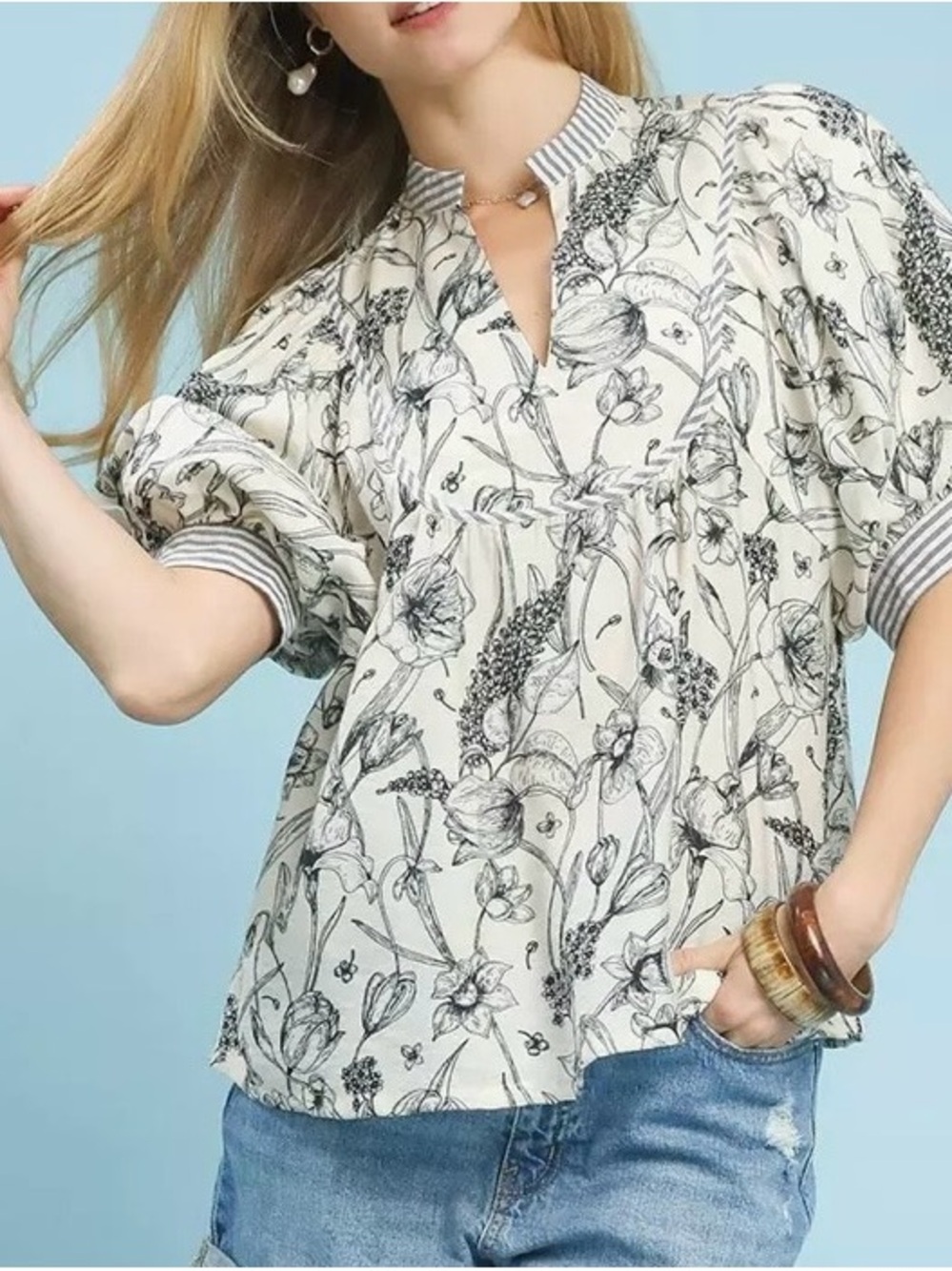 Umgee Cream Blouse with Black Floral Sketch Print